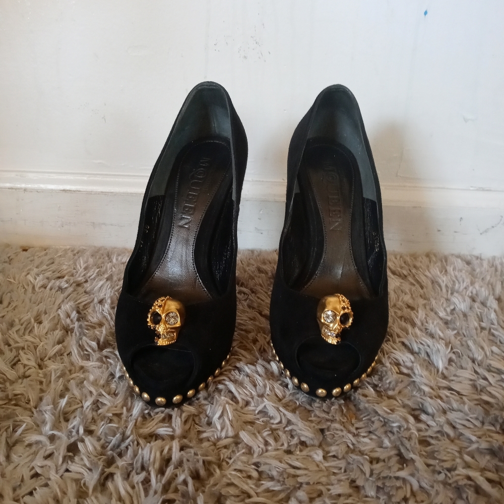 Alexander McQueen Black Suede Peep Toe Skull Platform Shoes